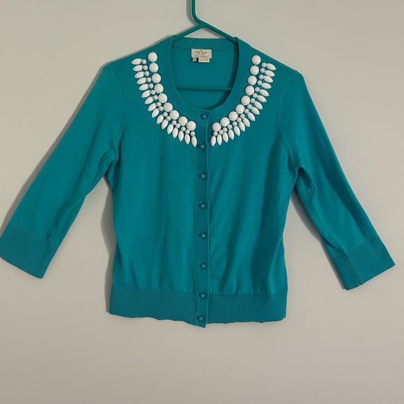 Kate Spade women’s medium button-down sweater teal beaded neckline 3/4 sleeves - Picture 2 of 11